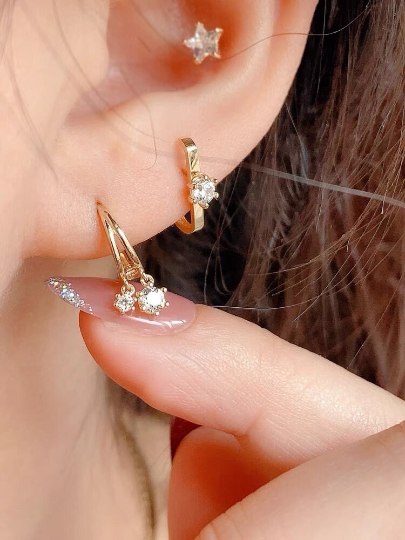 9K Solid Gold Small Hoop Dainty Mini Hoop Double CZ Earrings, Real Gold Mini Dangle Earrings, Delicate Gold Zirconia Earrings, Gift for her