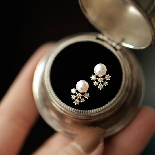 A Pair 9K Solid Gold Dainty Natural Pearl Earrings, Freshwater Real Gold Earrings, gift for her, Flower Zirconia Stud Earrings Inactive6:47