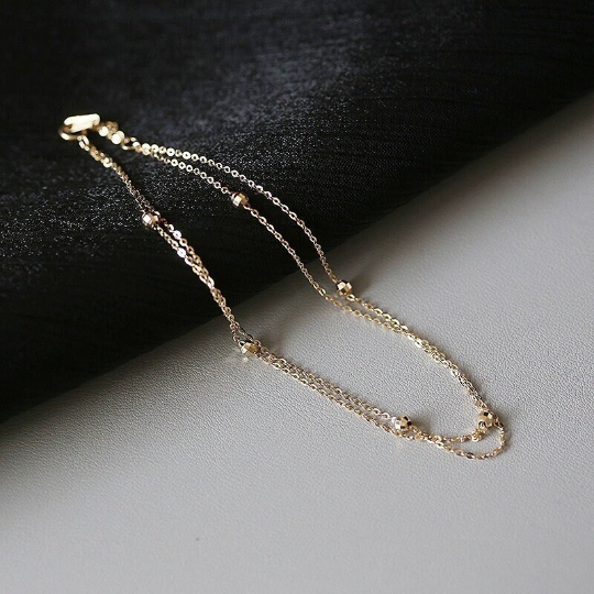 14K SOLID GOLD Dainty Bead Double Chain Anklet/Bracelet, 14Kt Real Gold Bead Anklet, Minimalism Gold Stackable Anklet Chain, Gift For Her