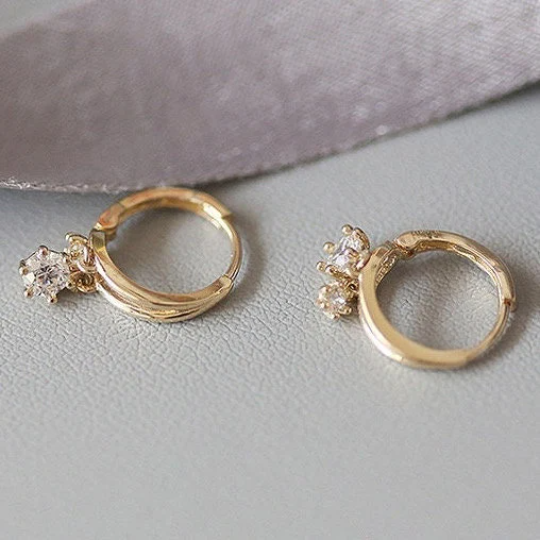 9K Solid Gold Small Hoop Dainty Mini Hoop Double CZ Earrings, Real Gold Mini Dangle Earrings, Delicate Gold Zirconia Earrings, Gift for her