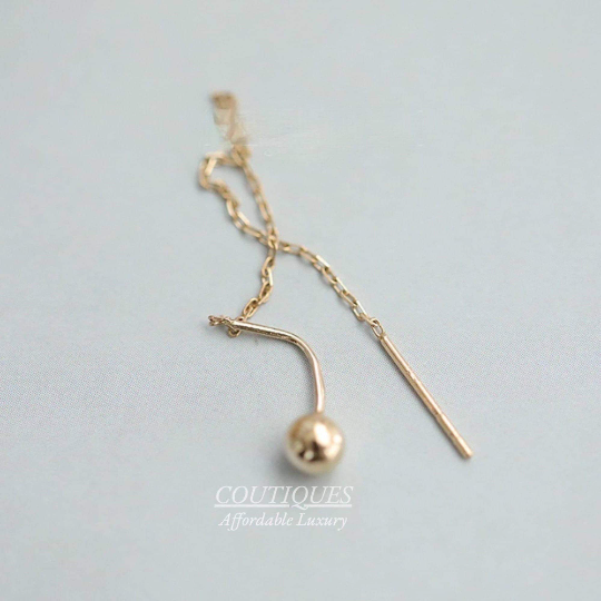 14K Solid Gold Dainty Bead Threader Earrings, Real Gold Bead Threader Minimalism Earrings, Fancy Gift for Her, Statement Gold Earrings