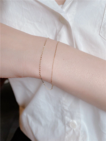 14K Solid Gold Dainty Double Layers Bracelet, Real Gold Delicate Stackable Bracelet, Summer Gold Vacation Bracelet, Minimalism Gold Chain