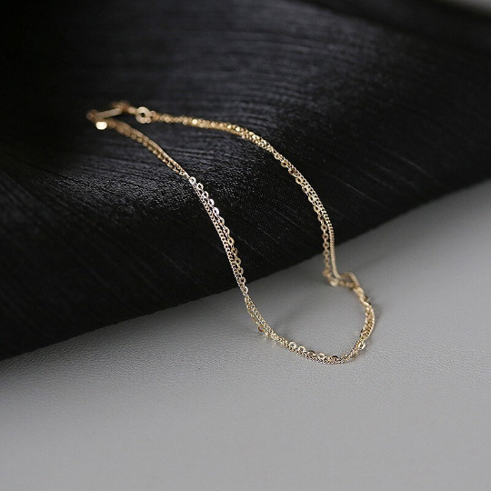 14K Solid Gold Dainty Double Layers Bracelet, Real Gold Delicate Stackable Bracelet, Summer Gold Vacation Bracelet, Minimalism Gold Chain