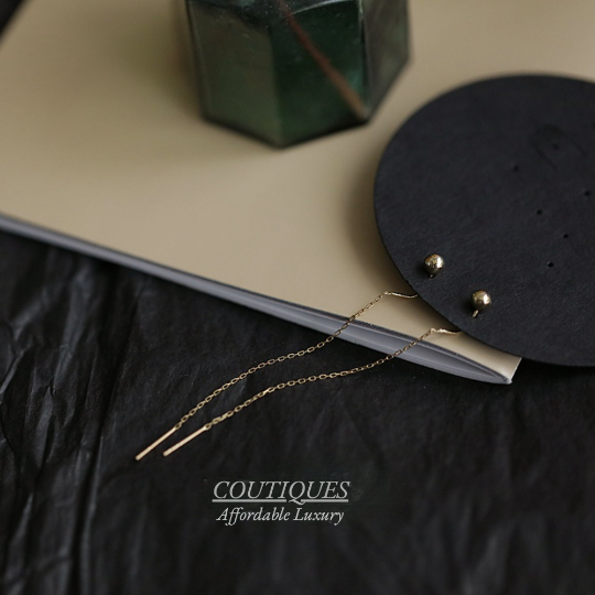 14K Solid Gold Dainty Bead Threader Earrings, Real Gold Bead Threader Minimalism Earrings, Fancy Gift for Her, Statement Gold Earrings