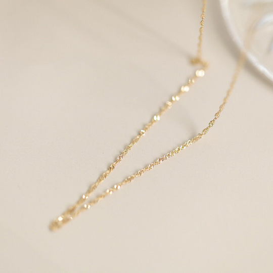 14K Solid Gold Sparkle Twist Chain Necklace, 14K Real Gold Glitter Chain Necklace, 14K Gold Twist Dianty Chain, Gift for Her