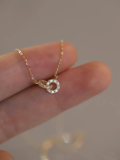 Solid 14K Gold Dainty Huggie Zirconia Necklace, Real Gold Delicate Zirconia Circle Necklace, Gift For Her, Minimalism Gold Necklace