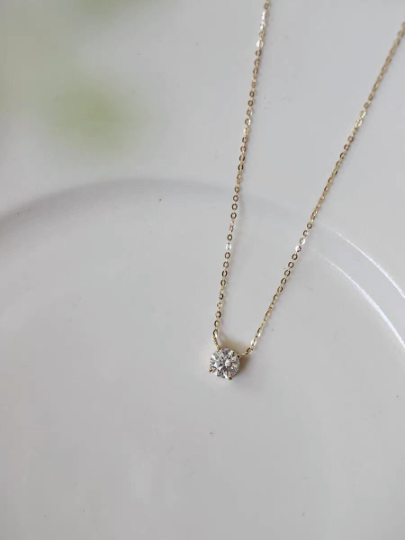 Solid 14K Gold Dainty Zirconia Necklace, Real Gold Delicate Zirconia Chain, Minimalism Gold Necklace, Gift For Her