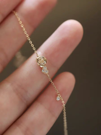 14K Solid Gold Dainty Zirconia Rose Love Heart Bracelet Chain, Real Gold Delicate Rose Floral Bracelet, Minimalism Gold Chain, Gift For Her