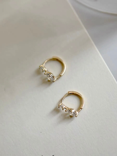 A Pair Solid 9k Gold Dainty Zirconia Hoop Earrings, Minimalism Gold Earrings, Real Gold Delicate Mini Hoops, Gift For Her Inactive