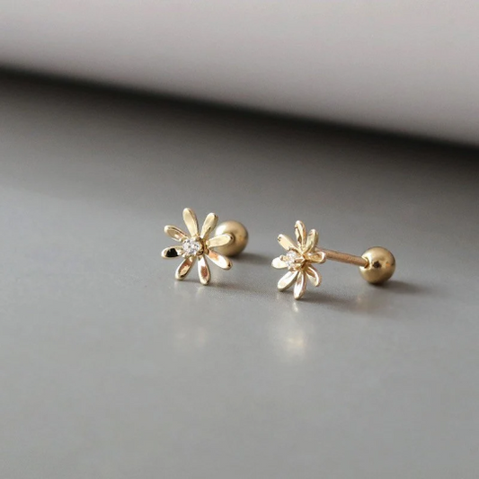 14K Solid Gold Dainty Daisy Floral Stud Earrings, Real Gold Screw Back Earrings, Flower Earrings, Minimalism Gold Stud, Gift For Her