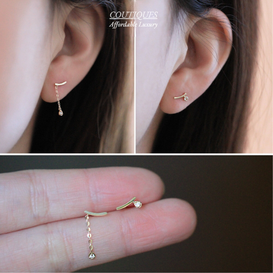 9K Solid Gold Dainty Asymmetric Stud, A Pair of CZ Delicate Real Gold Stud, Sparkly mini dangle earrings, fancy gift for her