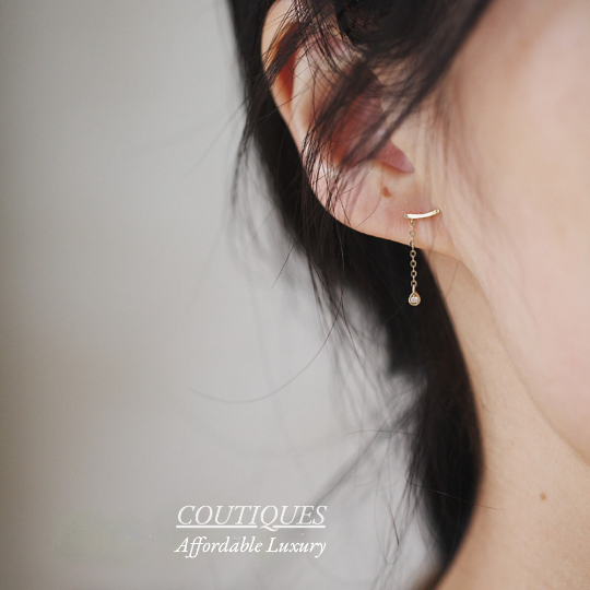 9K Solid Gold Dainty Asymmetric Stud, A Pair of CZ Delicate Real Gold Stud, Sparkly mini dangle earrings, fancy gift for her