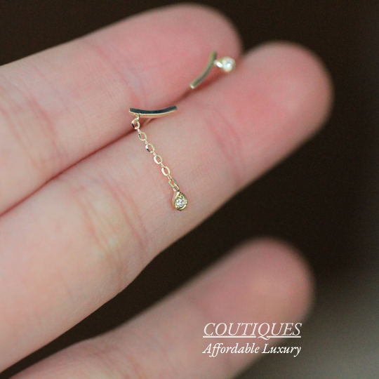 9K Solid Gold Dainty Asymmetric Stud, A Pair of CZ Delicate Real Gold Stud, Sparkly mini dangle earrings, fancy gift for her