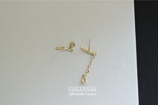 9K Solid Gold Dainty Asymmetric Stud, A Pair of CZ Delicate Real Gold Stud, Sparkly mini dangle earrings, fancy gift for her