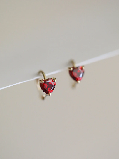 A Pair 9K Solid Gold Dainty Red Love Heart Studs, Real Gold Mini Hoop Earrings, Delicate Minimalism Gold Orbital Conch, Gift For Her