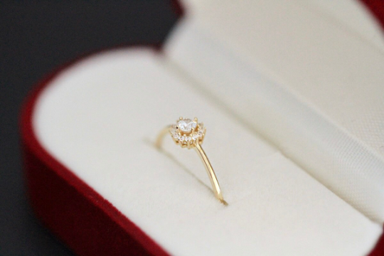 Solid 9K Gold Dainty Sunflower Stackable Ring, Real Gold Delicate Zirconia Gold Band, Gift For Her