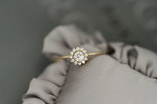 Solid 9K Gold Dainty Sunflower Stackable Ring, Real Gold Delicate Zirconia Gold Band, Gift For Her