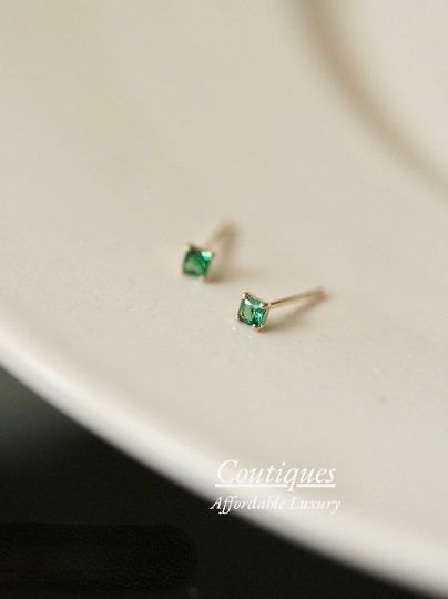 A Pair | Solid 14K Gold Dainty Zirconia Emerald Mini Stud Earrings, 14K Real Gold Green Zirconia Cube Stud Earrings, Gift For Her