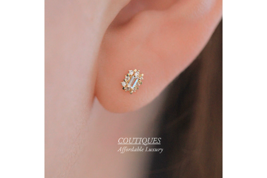 A Pair | 9K Solid Gold Dainty Flower studs, Elegant Baguette Gem Stud Earrings, Cubic Zirconia Earrings, Tiny Delicate Stud, Real Gold Stud