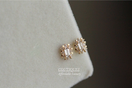 A Pair | 9K Solid Gold Dainty Flower studs, Elegant Baguette Gem Stud Earrings, Cubic Zirconia Earrings, Tiny Delicate Stud, Real Gold Stud