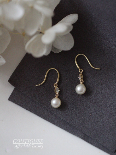 A Pair| 9K SOLID GOLD Dangle Freshwater Pearl Earrings, Mini Drop Real Gold Earrings, Real Pearl Dainty Fancy Gemstone Earrings