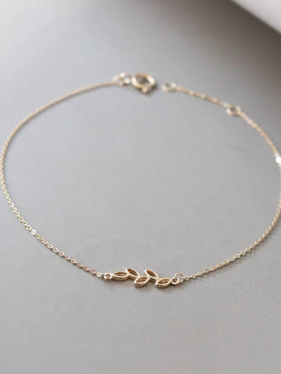 14K Solid Gold Leaves Dainty Bracelet, Real Gold Delicate Minimalism Bracelet Chain, Minimalism Gold Bracelet, Gift For Her