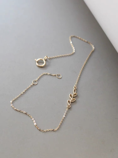 14K Solid Gold Leaves Dainty Bracelet, Real Gold Delicate Minimalism Bracelet Chain, Minimalism Gold Bracelet, Gift For Her