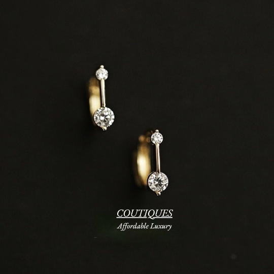 9K Solid Gold Zirconia Sparkly Stud, Hoop Earrings, Real Gold Huggie Hoops, Yellow Gold Small Hoops, Delicate Dainty D shape Gold Earrings