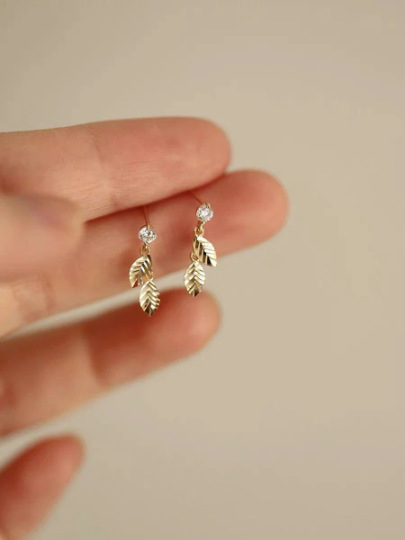 A Pair 14K Solid Gold Dainty Zirconia Leaves Earrings, Real Gold Delicate Fancy Earrings, Minimalism Gold Dangle Earrings, Gift For Her