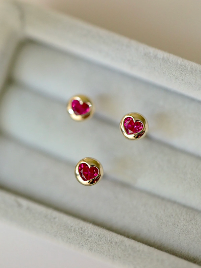 9K Solid Gold Dainty Red Zirconia Heart Screw Back Stud, Real Gold Delicate Love Stud Earrings, Minimalism Gold Stud, Gift For Her