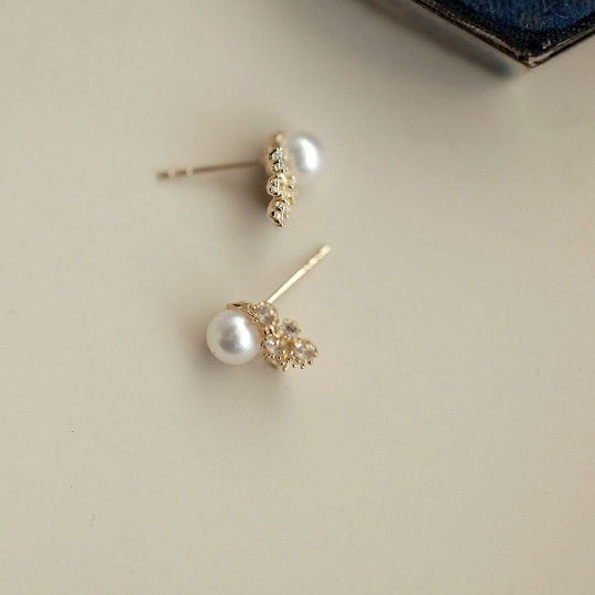 A Pair 9K Solid Gold Dainty Natural Pearl Earrings, Freshwater Real Gold Earrings, gift for her, Flower Zirconia Stud Earrings Inactive6:47