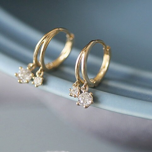 9K Solid Gold Small Hoop Dainty Mini Hoop Double CZ Earrings, Real Gold Mini Dangle Earrings, Delicate Gold Zirconia Earrings, Gift for her