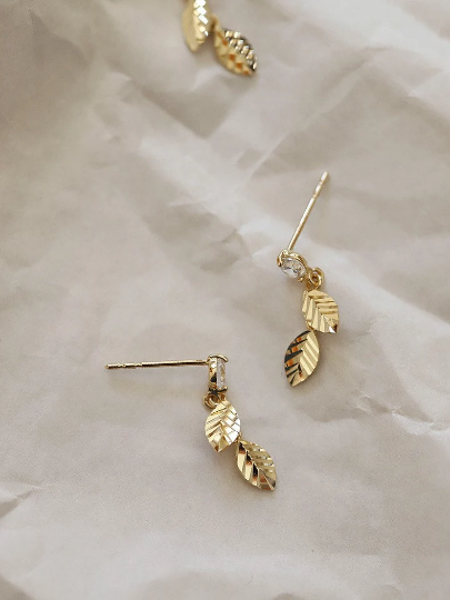 A Pair 14K Solid Gold Dainty Zirconia Leaves Earrings, Real Gold Delicate Fancy Earrings, Minimalism Gold Dangle Earrings, Gift For Her