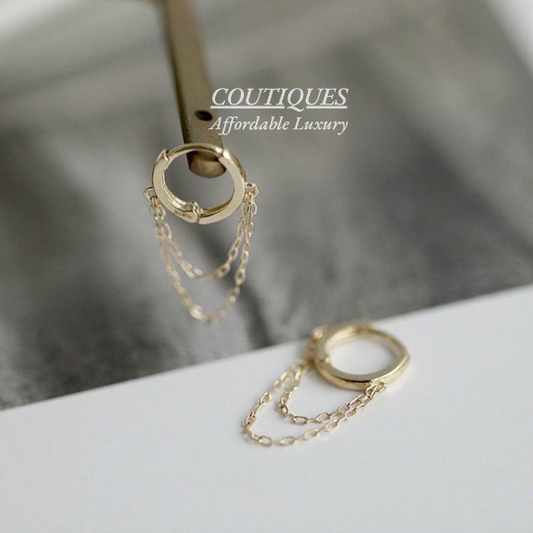 SOLID GOLD Small Hoop Hinged Earrings, 9K Solid Gold Delicate Gold Chain Hoop Earrings, Gold Chain Dangle Drop Hoop Earrings, Birthday Gift