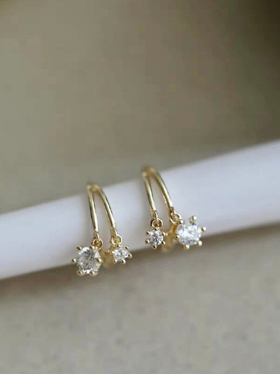 9K Solid Gold Small Hoop Dainty Mini Hoop Double CZ Earrings, Real Gold Mini Dangle Earrings, Delicate Gold Zirconia Earrings, Gift for her