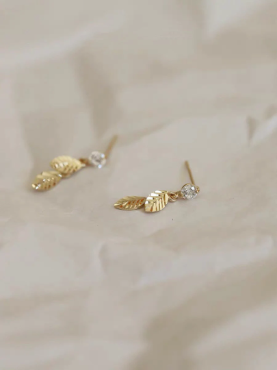 A Pair 14K Solid Gold Dainty Zirconia Leaves Earrings, Real Gold Delicate Fancy Earrings, Minimalism Gold Dangle Earrings, Gift For Her