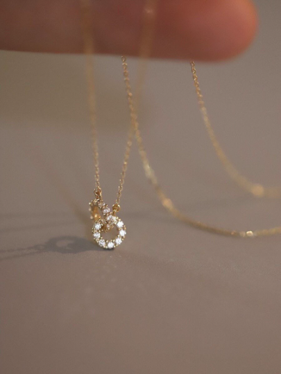 Solid 14K Gold Dainty Huggie Zirconia Necklace, Real Gold Delicate Zirconia Circle Necklace, Gift For Her, Minimalism Gold Necklace