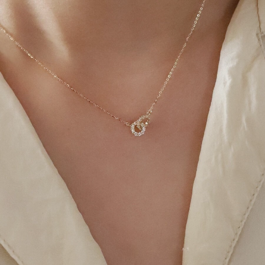 Solid 14K Gold Dainty Huggie Zirconia Necklace, Real Gold Delicate Zirconia Circle Necklace, Gift For Her, Minimalism Gold Necklace