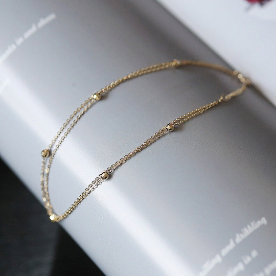 14K SOLID GOLD Dainty Bead Double Chain Anklet/Bracelet, 14Kt Real Gold Bead Anklet, Minimalism Gold Stackable Anklet Chain, Gift For Her