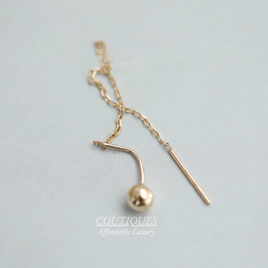 14K Solid Gold Dainty Bead Threader Earrings, Real Gold Bead Threader Minimalism Earrings, Fancy Gift for Her, Statement Gold Earrings