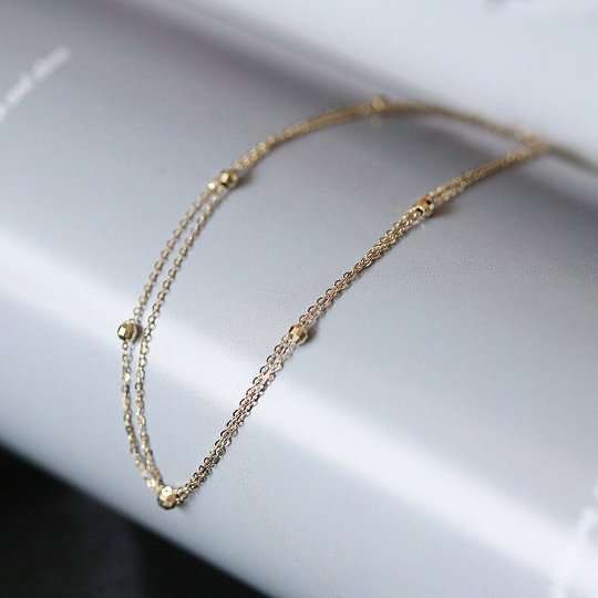 14K SOLID GOLD Dainty Bead Double Chain Anklet/Bracelet, 14Kt Real Gold Bead Anklet, Minimalism Gold Stackable Anklet Chain, Gift For Her