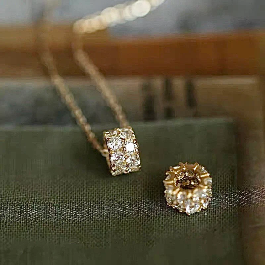 Solid Gold CZ Diamond Rolling Barrel Pendant Necklace, 9K Gold Sparkling Zirconia Small Charm Necklace, Christmas Gift for Her