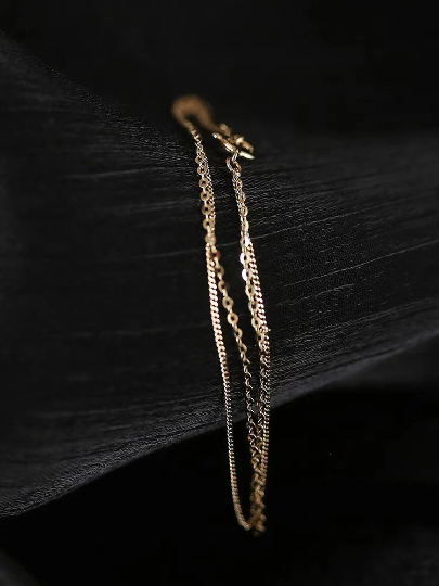 14K Solid Gold Dainty Double Layers Bracelet, Real Gold Delicate Stackable Bracelet, Summer Gold Vacation Bracelet, Minimalism Gold Chain