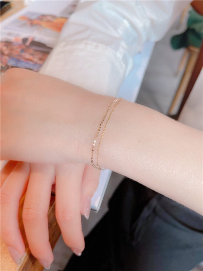 14K Solid Gold Dainty Double Layers Bracelet, Real Gold Delicate Stackable Bracelet, Summer Gold Vacation Bracelet, Minimalism Gold Chain