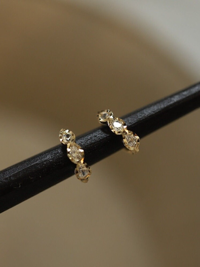 A Pair 9K Solid Gold Delicate Zirconia Dainty Hoop Earrings, 9Kt Real Solid Gold CZ Diamond Hinged Sparkly Earrings, Holiday Gift for Her