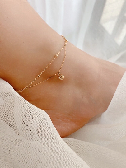 14K SOLID GOLD Dainty Bead Double Chain Love Heart Anklet