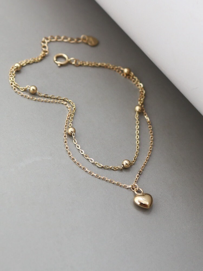 14K SOLID GOLD Dainty Bead Double Chain Love Heart Anklet