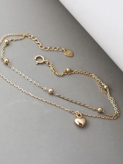 14K SOLID GOLD Dainty Bead Double Chain Love Heart Anklet