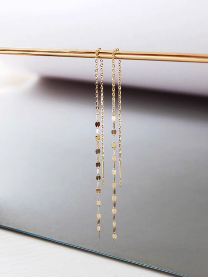 A Pair 14K Solid Gold Threader Earrings, 14K Yellow Gold Dangling Ear Threads, Gold Drop Earrings, Delicate Chain Earrings, Gift for Her