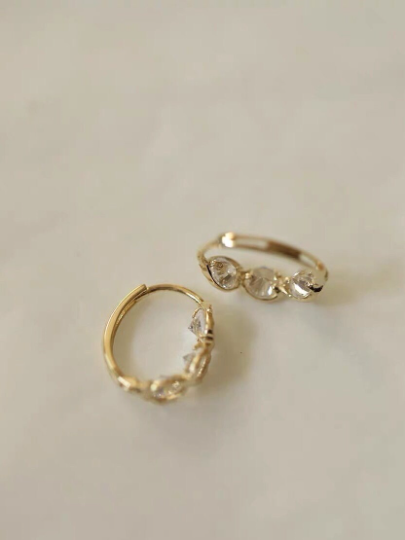 A Pair 9K Solid Gold Delicate Zirconia Dainty Hoop Earrings, 9Kt Real Solid Gold CZ Diamond Hinged Sparkly Earrings, Holiday Gift for Her